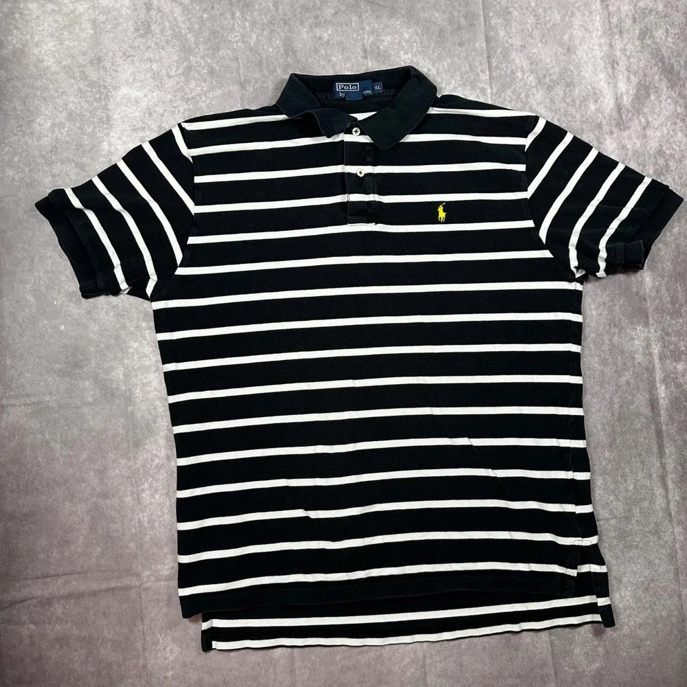 Vintage Polo Ralph Lauren Striped Polo Shirt Men XL Black White Cotton Pique 90s